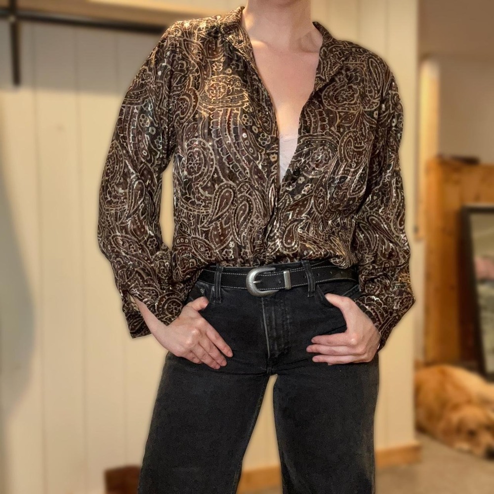 VTG Yves St Clair Shimmer Paisley Secretary Blouse Brown Gold